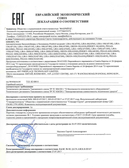 Сертификат соответствия Автоматические биокамины Firebird